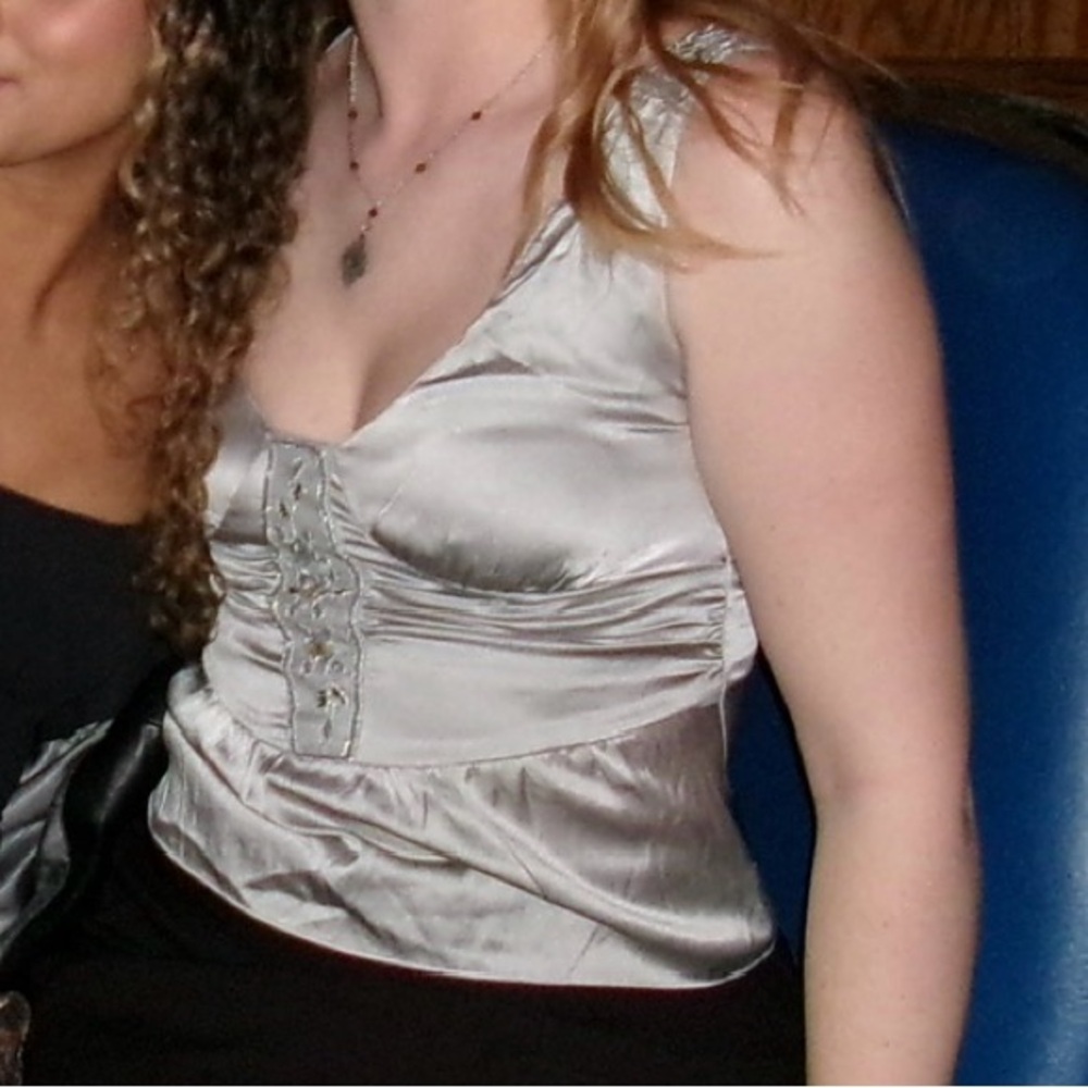 Silver Silk Camisole with intricate Beading Accents